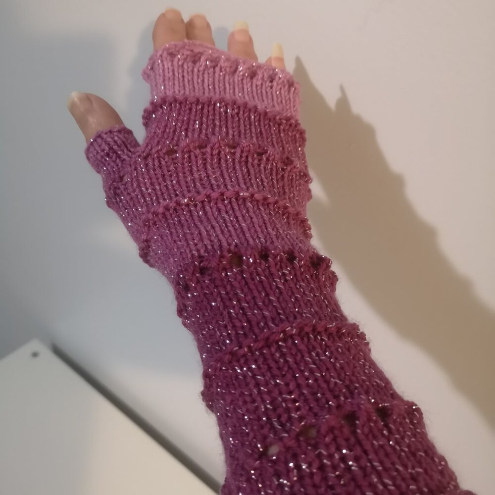Pink Tones Silver Sparkle Glitter Knit Fingerless Gloves Armwarmer